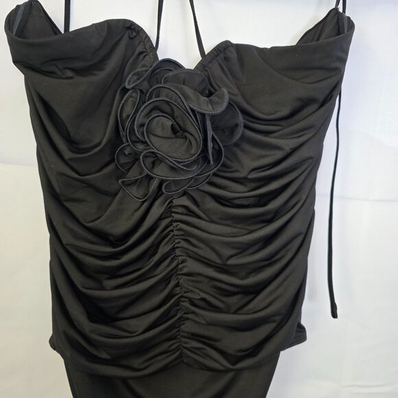 Express Black Ruched Halter Bodysuit With Floral Accent M - Picture 2 of 7